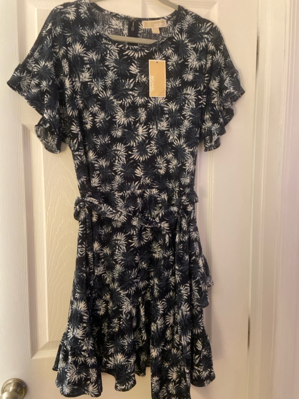 Michael Kors Navy and White Printed Tie-Waist Mini Dress